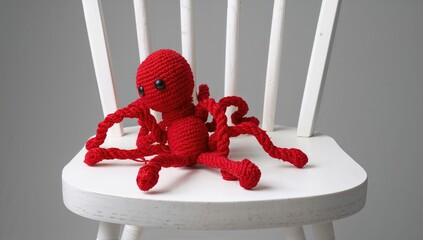 Red Spider Yarn Doll Positioned Within A White Wooden Chair, Focus on Playfulness