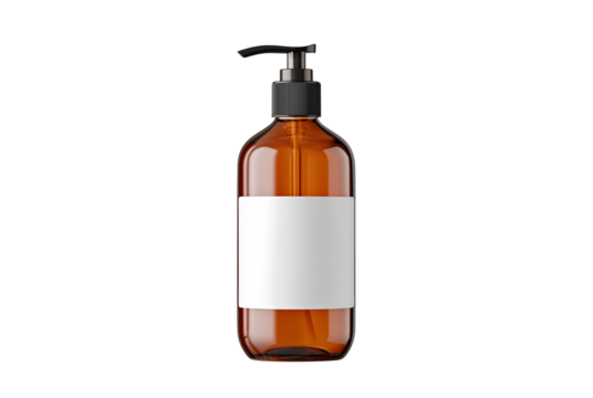Amber glass pump bottle with white label isolated on transparent background