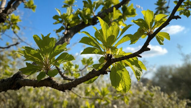Vivid green leaves emerging on tree branches under a clear blue sky, indicating seasonal change, Spring Equinox