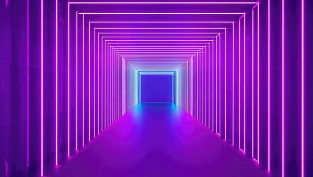 A tunnel illuminated by pink and blue neon lights, an immersive virtual reality experience