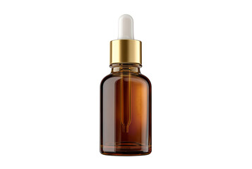 Naklejka premium Amber glass dropper bottle with golden cap isolated on transparent background