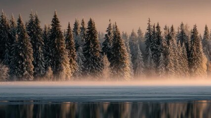 Snow-covered evergreen trees line a misty, frozen lake at dawn, bathed in warm sunrise light. - Powered by Adobe