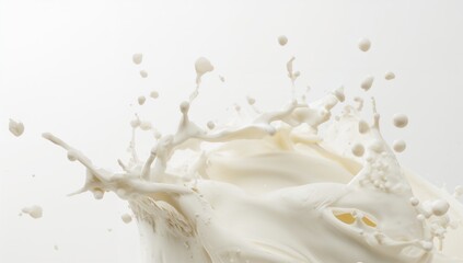 Close-up of milk splashes on a white background, suitable for editorial header background
