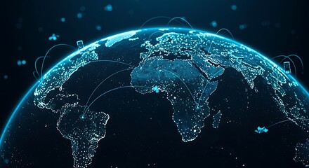 Digitized depiction of planet Earth, highlighted with connections. Communication network shown
