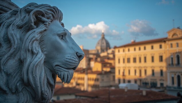 Marble sculpture of a lion head, symbol of strength and endurance