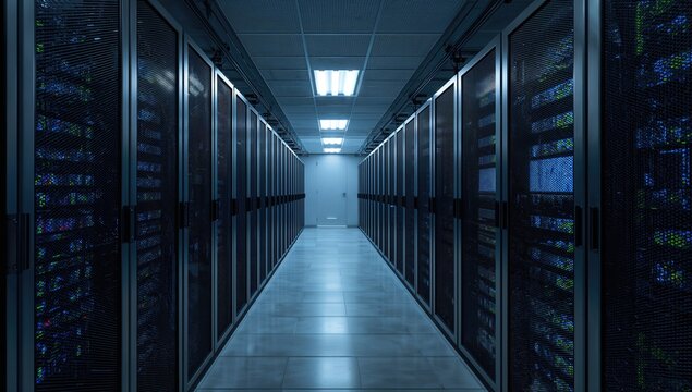 A data center filled with server racks, focusing on operational efficiency