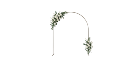 Silver wedding arch decorated with white roses and green leaves isolated on a transparent background