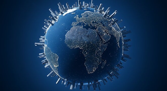 Digitized Earth with city skyscrapers in the outer circle, portraying nighttime glow