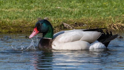 Fototapeta premium A large Muscovy duck enjoying a splash in water, showcasing natural behavior, spring season