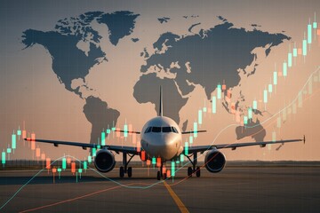 Commercial airplane on tarmac overlaid with world map and stock market graphs, travel finance trends