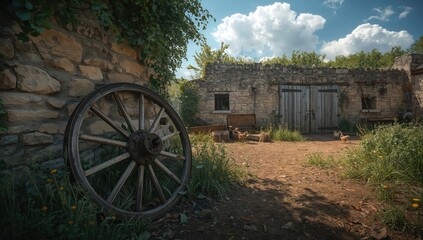 Obraz premium Vintage wagon wheel resting in a countryside farmhouse yard, highlighting rustic charm