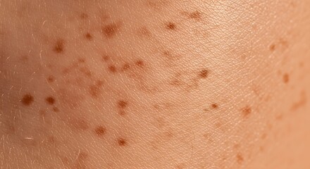Detailed close-up of fair human skin displaying numerous small brown pigmentation marks, indicative of freckles or sunspots, showcasing natural skin texture and dermatological features