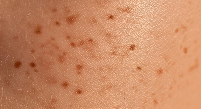 Detailed close-up of fair human skin displaying numerous small brown pigmentation marks, indicative of freckles or sunspots, showcasing natural skin texture and dermatological features