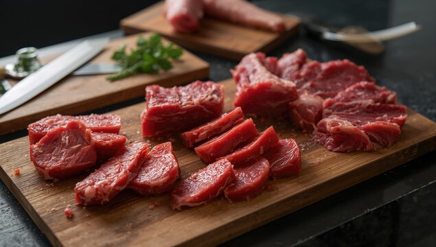 Raw Beef Displayed on a Surface, Protein-Rich Meal