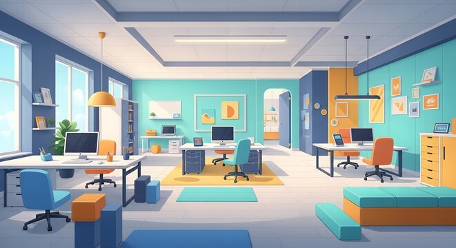 Bright and modern office space with multiple desks