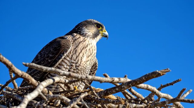 Majestic falcon bird of prey resting in its large nest against blue sky