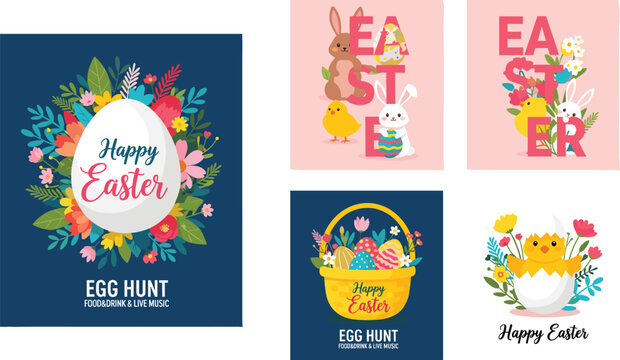 Easter event illustration pack—bunnies, chicks, eggs, flowers, and festive text for spring celebration, egg hunt, and holiday visuals