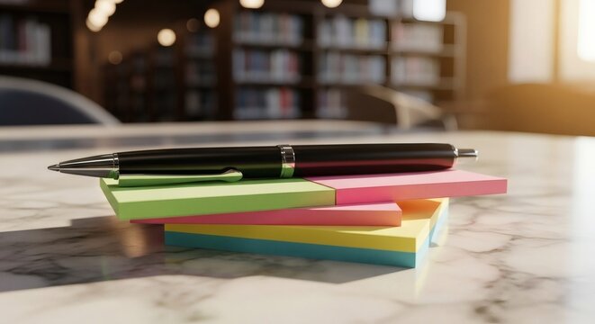 Pen On Post-It Notes In Library Academic Setting Close Up