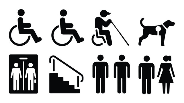 Comprehensive set of accessibility icons for inclusive designs, showing wheelchairs, guide dog, elevator, stairs, gender neutral symbols, and accessibility aids