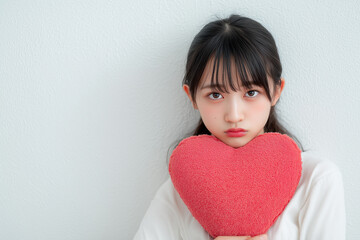 無表情で赤いハートのクッションを持つ若い女性（恋愛、感情、コピースペース） / Young woman with a neutral expression holding a red heart cushion (Love, emotion, copy space)