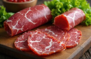 Fototapeta premium Close up photo shows sliced capocollo or coppa. Italian cured pork meat with fat. Appetizing delicatessen product on wooden board. Gourmet food.