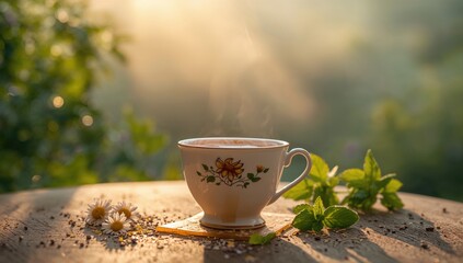 Mint herbal tea is poured into a cup, promoting relaxation