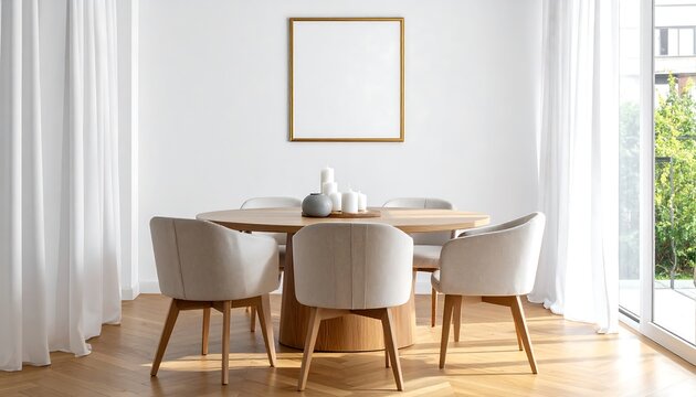 Frame mockup in cozy light kitchen interior, Scandinavian style, 3d render - Powered by Adobe