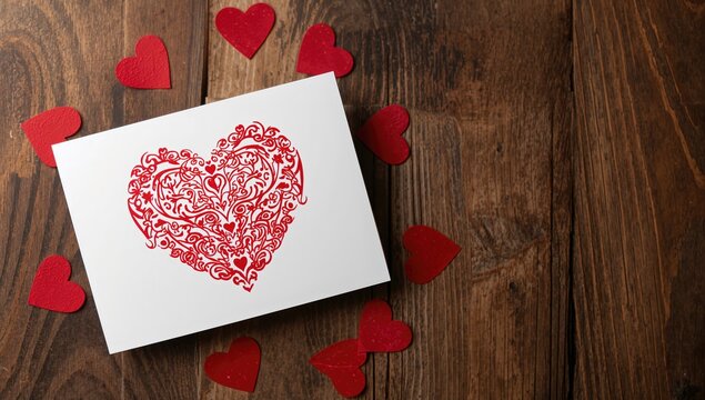 Valentine's Day card, red heart motifs on a wooden surface, romantic gesture