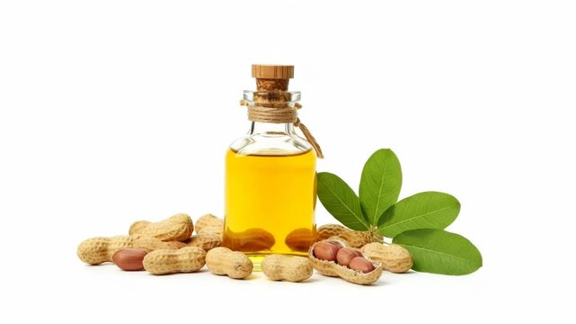 Aromatic peanut oil in a glass bottle, surrounded by peanuts
