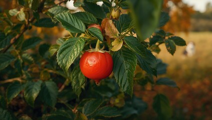 Rosehip berries on a bush during the fall season, seasonal change