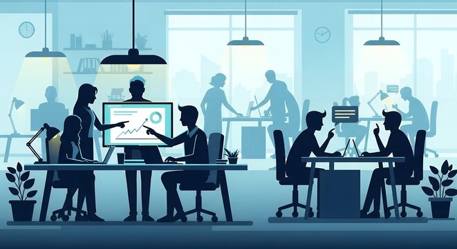 Silhouette of business team working in office space