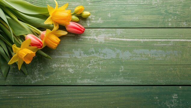Spring blooms on a green wooden surface, perfect for seasonal decoration - Powered by Adobe