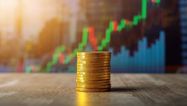 Stack of coins accompanied by a trading graph, financial growth visualization,