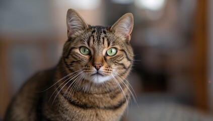 Obraz premium Close-up of a striped brown cat with a blurred background, focus on feline features, pet companionship