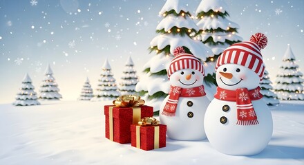 Obraz premium Festive snowmen with gifts in a snowy winter wonderland christmas holiday scene
