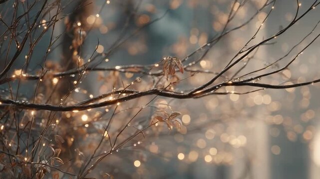 Bare tree branches with tiny warm fairy lights, glowing softly against a dreamy bokeh background.