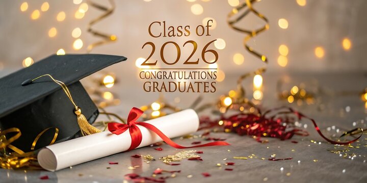 Graduation celebration for the class of 2026 featuring a graduation cap diploma and festive confetti with bokeh lights