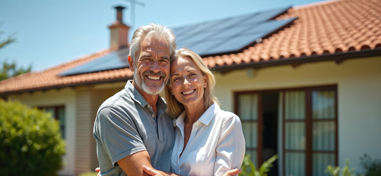 Happy senior couple embraces near home with solar panels on roof. Proud elderly man, woman smile at camera. Family invested in renewable green energy for sustainable future, enjoying retirement