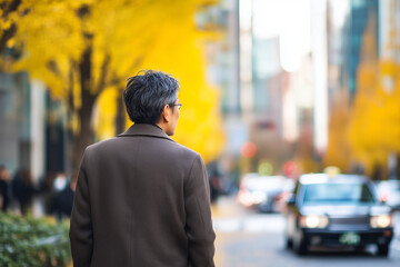 銀杏並木と街を歩く中年ビジネスマンの後ろ姿