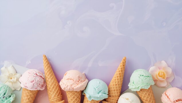 Pastel-hued ice cream scoops and cones arranged on a soft violet backdrop, a delightful summer treat