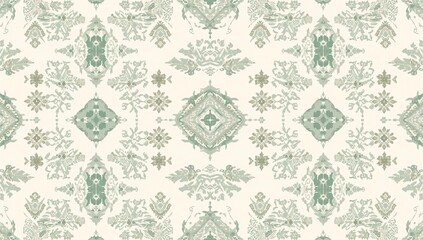 Seamless abstract ethnic design featuring a pastel green motif on a monochrome backdrop, suitable for editorial header background