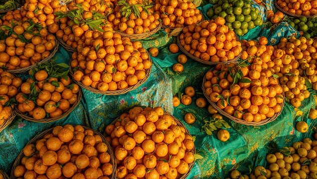 Vibrant market stall showcasing an array of freshly picked orange fruits, ideal for a seasonal display