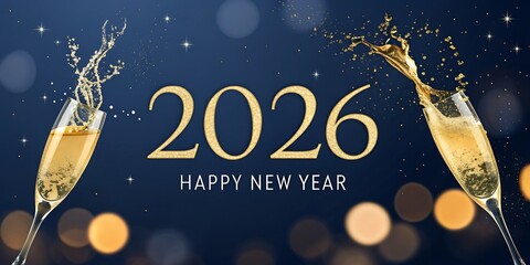 Cheers to the new year 2026 with champagne splashes and festive bokeh lights celebrating a bright future