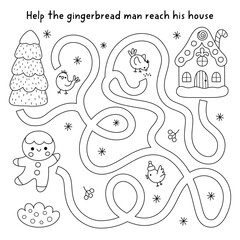 Christmas village black and white maze with gingerbread man searching his house. Line labyrinth game with traditional cookie, his home. Winter holiday printable activity, worksheet, coloring page