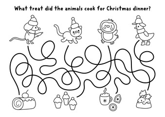 Christmas village black and white maze with cute animals cooking treats for dinner. Line labyrinth game with mouse, cat, goose, penguin. Winter holiday printable activity, worksheet, coloring page