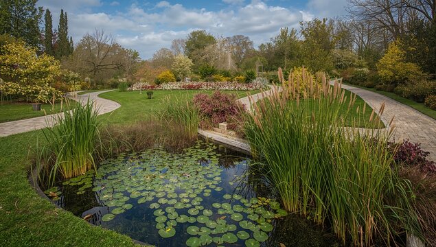 Waterside plants along a park pond, ideal for promoting biodiversity