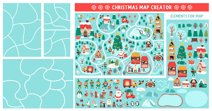 Christmas village map or scene creator. Set of cartoon elements for constructing winter holiday activity page. Vector New Year clipart with roads, fir tree, Santa Claus, houses, fair, animals, elves