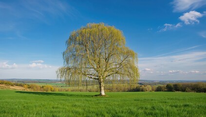 Obraz premium Silver birch tree under the sky, springtime landscape with grass and a meadow, showcasing seasonal change