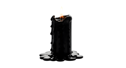 A black candle with dripping wax and a burning flame, creating a dramatic effect  isolated on transparent background