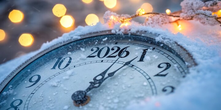 Winter s embrace a vintage clock covered in snow signals the imminent arrival of the new year 2026 with festive lights